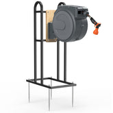Trieez retractable hose reel stand front view, freestanding and wall-free.