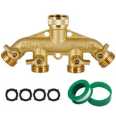 Triumpeek 4-way brass hose splitter front view showing versatile watering options