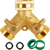 Triumpeek brass hose splitter front view, showing two outlets for versatile watering.