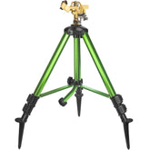 Triumpeek Impact Sprinkler on tripod base for wide lawn irrigation.