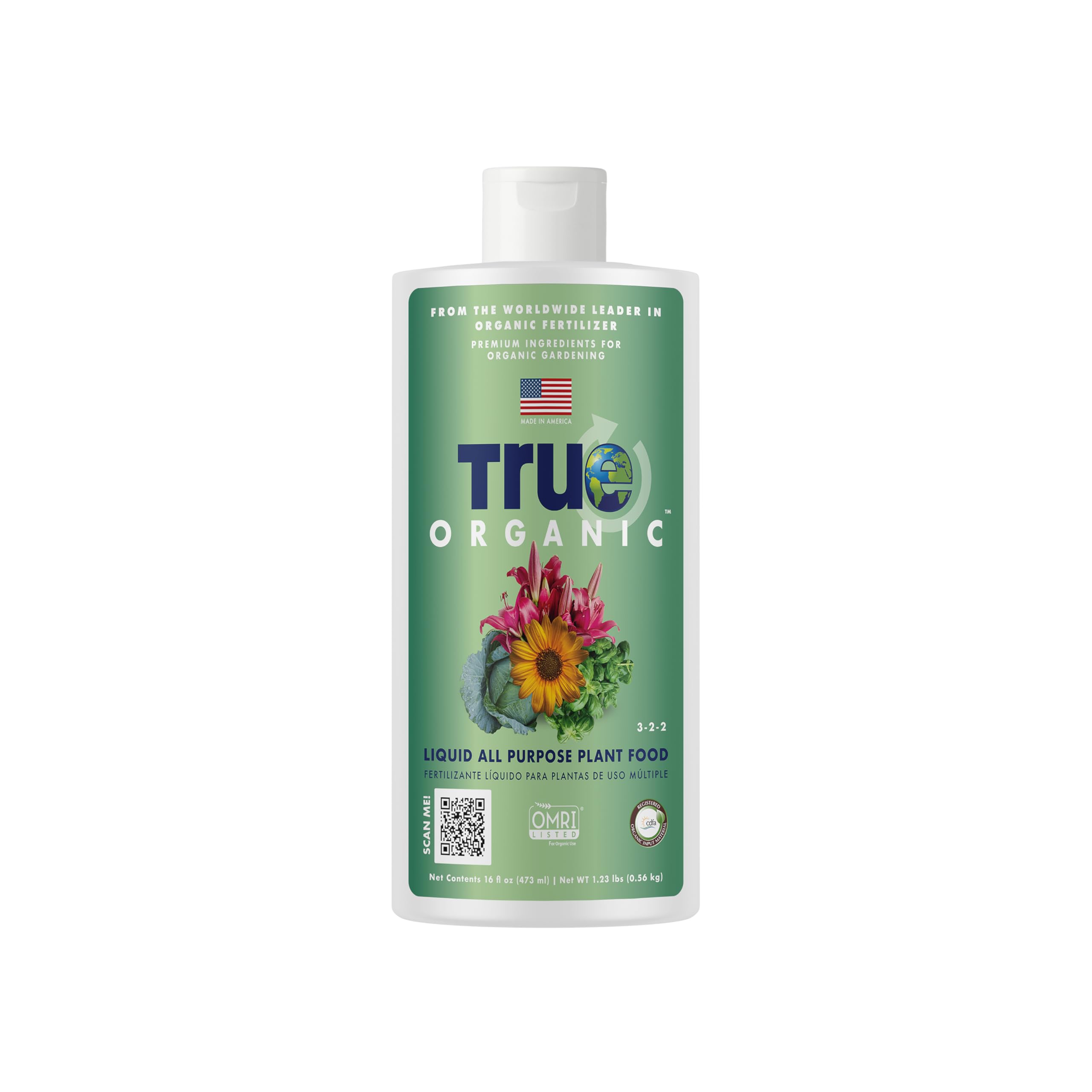 True Organic Liquid All-Purpose Plant Food bottle pour supports easy feeding.