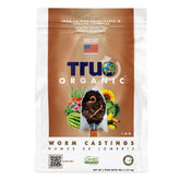 True Organic Worm Castings bag closeup for natural garden nutrition.