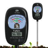 TryOpen 7-in-1 soil test kit display shows moisture, pH and temperature readings for plants
