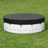 Tufmunb 10 ft round pool cover over metal frame protecting the pool from debris