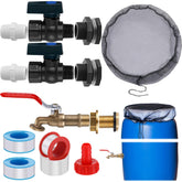 Tujoe rain barrel kit spigot assembly showing durable PVC fittings for easy water flow.