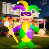 TURNMEON Mardi Gras inflatable jester front view with LED glow for nighttime yard centerpiece.