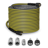 TUTULUCK 100ft pressure washer hose extended for wide-area cleaning.