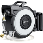 Tuyeho retractable hose reel 100ft on wall for easy outdoor watering.
