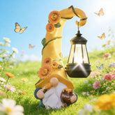Twinbling garden gnome triple statue with solar lights for a striking yard focal point.