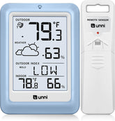 U UNNI indoor-outdoor thermometer display with clear temperature and humidity readings.