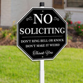 Uflashmi No Soliciting yard sign with 28-inch stake, clearly visible outdoors.