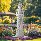 Ultym Buddha outdoor statue with birdfeeder enhances garden serenity and birdwatching opportunities.