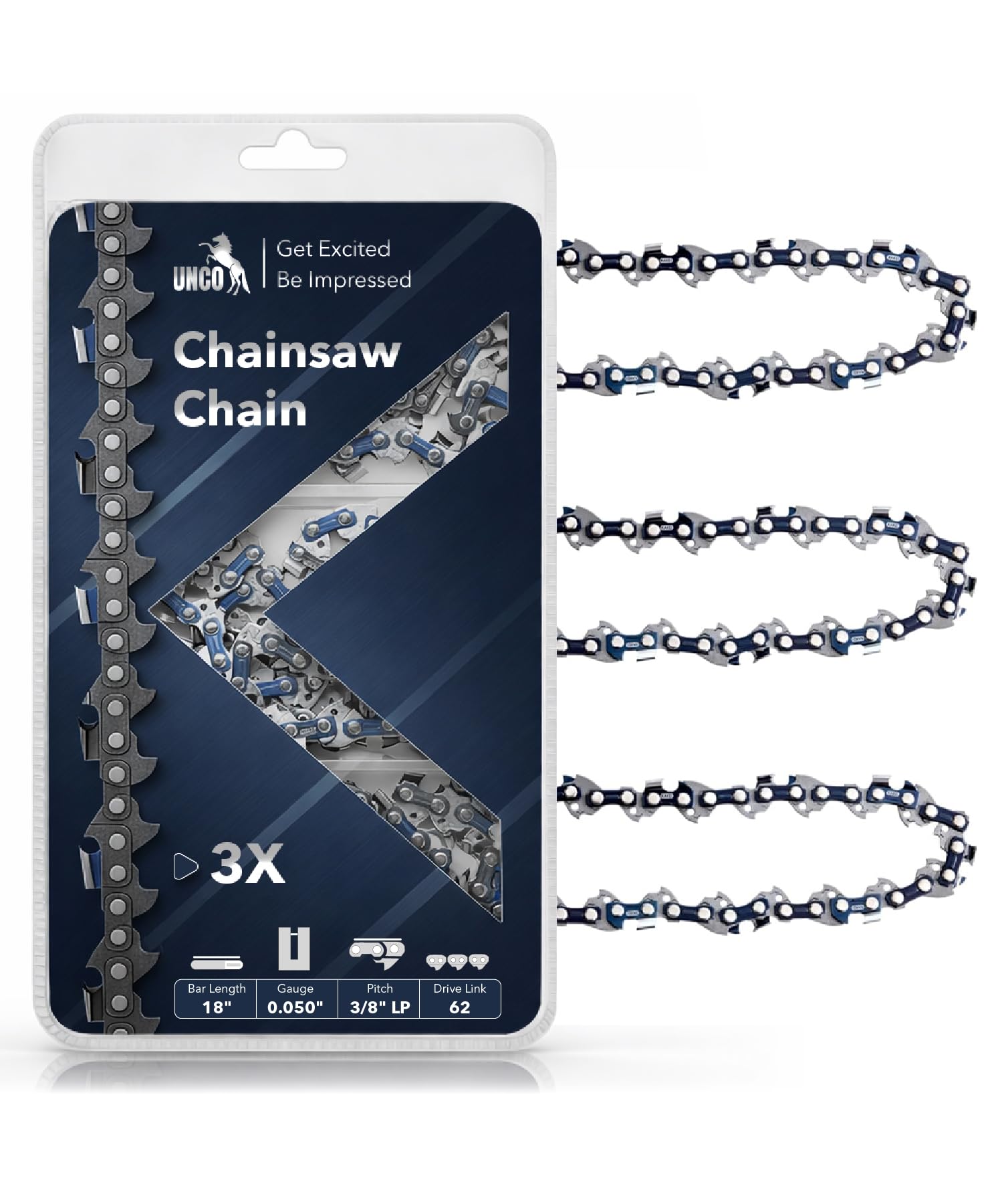 UNCO 18-inch chainsaw chain 3-pack pack-shot highlighting quick replacement and reliable cuts