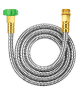 UNCO 6ft stainless steel hose in a compact gardening setup showing steady water flow