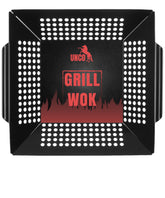 UNCO grill basket top view showing durable stainless steel and perforated design.
