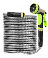 UNCO metal garden hose with no-kink design watering a lush lawn