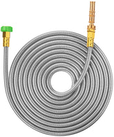 UNCO stainless steel garden hose at full 25-foot reach for wide lawns.
