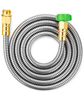 UNCO stainless steel garden hose coiled 8ft for easy storage and quick watering.