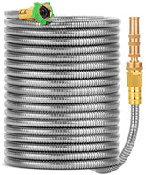 UNCO stainless steel hose extended to 75 feet for efficient outdoor watering.