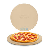 Unicook round pizza stone in use, showing even browning for a crisp crust.