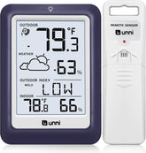 UNNI indoor-outdoor thermometer display shows temperature and humidity at a glance for quick climate checks.
