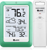 U UNNI indoor outdoor thermometer display shows real time temperature and humidity for home comfort.