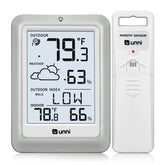U UNNI indoor-outdoor thermometer display enables quick temperature and humidity checks.