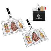 Upgrillz fish basket with foldable handle for easy outdoor grilling.