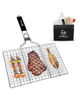 Upgrillz fish grill basket with folding wooden handle for easy grilling maneuverability