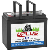 UPLUS U1 riding lawn mower battery close-up highlighting AGM construction for long life.