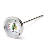 Urban Worm soil thermometer with five-inch stem in soil showing color-coded ticks for easy monitoring.
