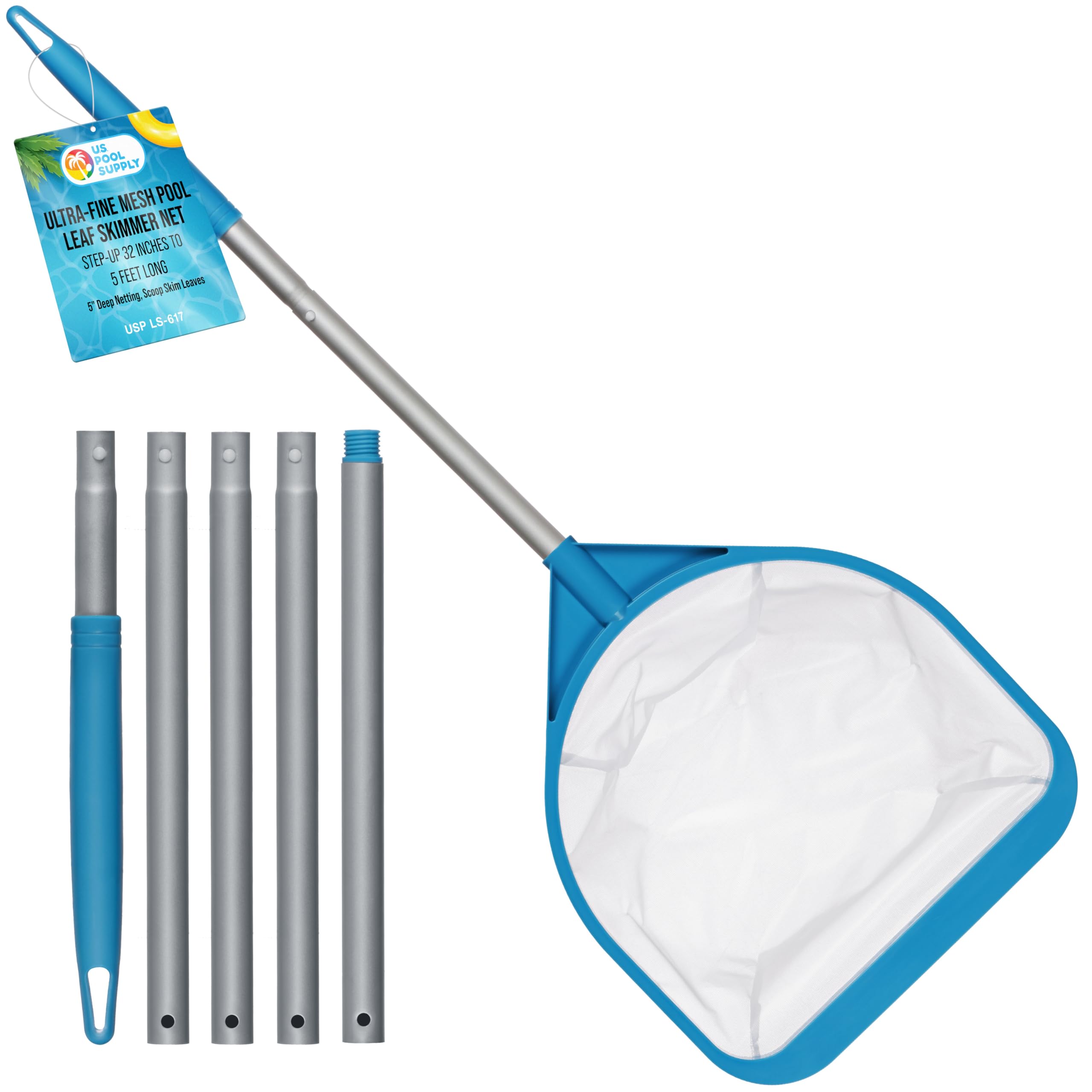 US Pool Supply skimmer net with extended pole reaching leaves and debris