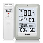U UNNI wireless weather station front display with real-time indoor and outdoor readings.