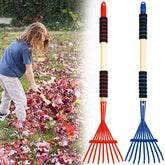 UYEDUJZ 2-pack kid leaf rakes in blue and red for easy leaf collection and garden cleanup.