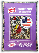 Valley Farms Fruit Nut & Berry packaging shows a high-energy blend for backyard birds.