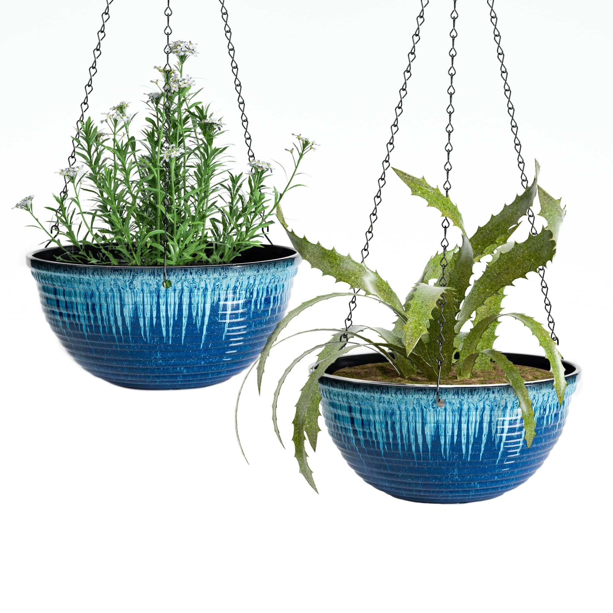 Vanslogreen 12-inch hanging planter in blue flow glaze for chic indoor decor.