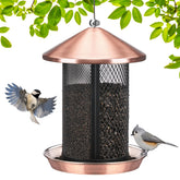 Veehoo metal bird feeder with dual seed chambers attracts varied backyard birds.