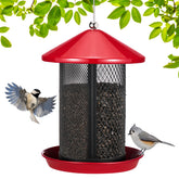 Veehoo metal bird feeder with weatherproof roof protects seeds from rain and snow.