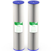 Vegebe 20-micron pleated sediment filter in a 20-inch cartridge reduces sediment.