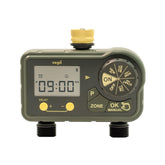 Vego 2-zone sprinkler timer with brass inlet for precise garden irrigation control.