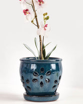 vensovo blue 5-inch ceramic orchid pot with holes and saucer for airflow