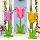 Vercraft spring tulip yard signs for front door with colorful wood texture.