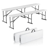 VEVOR 6ft plastic folding bench in white offers quick outdoor seating.