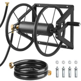 VEVOR wall-mounted hose reel on brick wall keeps hoses tidy and accessible.