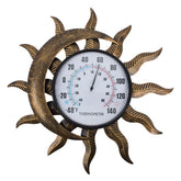 VEWOGIFT 14-inch sun-moon outdoor thermometer on wall shows real-time temperature for outdoor planning.