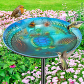 VeyFolzin.st metal bird bath with base stake for stable outdoor setup.