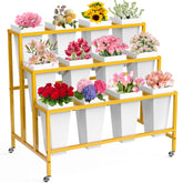 VGMiu flower display stand with 12 buckets on a three-tier gold frame for blooms