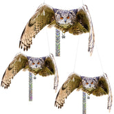 Vicsiyi double-sided owl deterrent hanging in a garden deters birds from feeding areas.