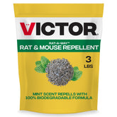 Victor Rat-A-Way packaging and 3 lb bag ready for outdoor use