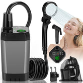 Vignuto portable shower with LED display shows battery level for camping.